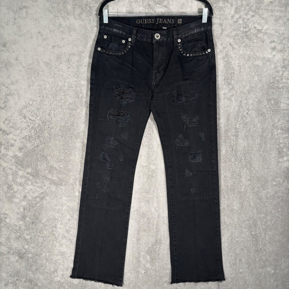 Guess Jeans Womens 31 Black Studded Distressed Straight Leg Denim Punk Gothic